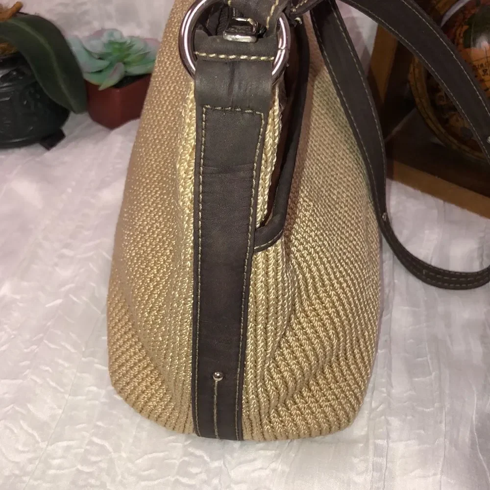 lina Woven Knit Macrame Thread Vinyl Combo Hobo Tan Brown Shoulder Bag